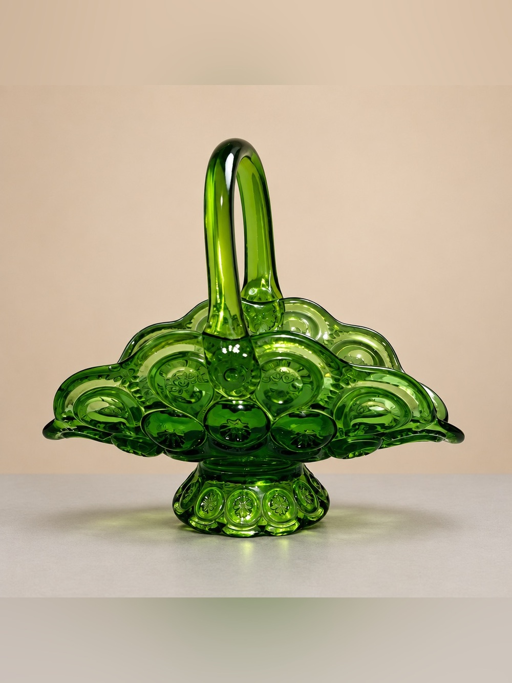 L.E. Smith Glass Company Moon and Star pattern Green Glass Basket